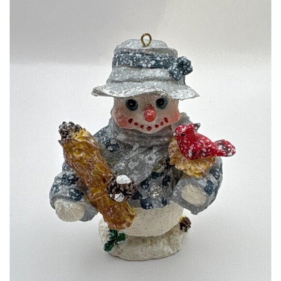 Vintage Snowman Christmas Ornament Holding Red Cardinal Bird Blue Hat & Scarf - Picture 7 of 7